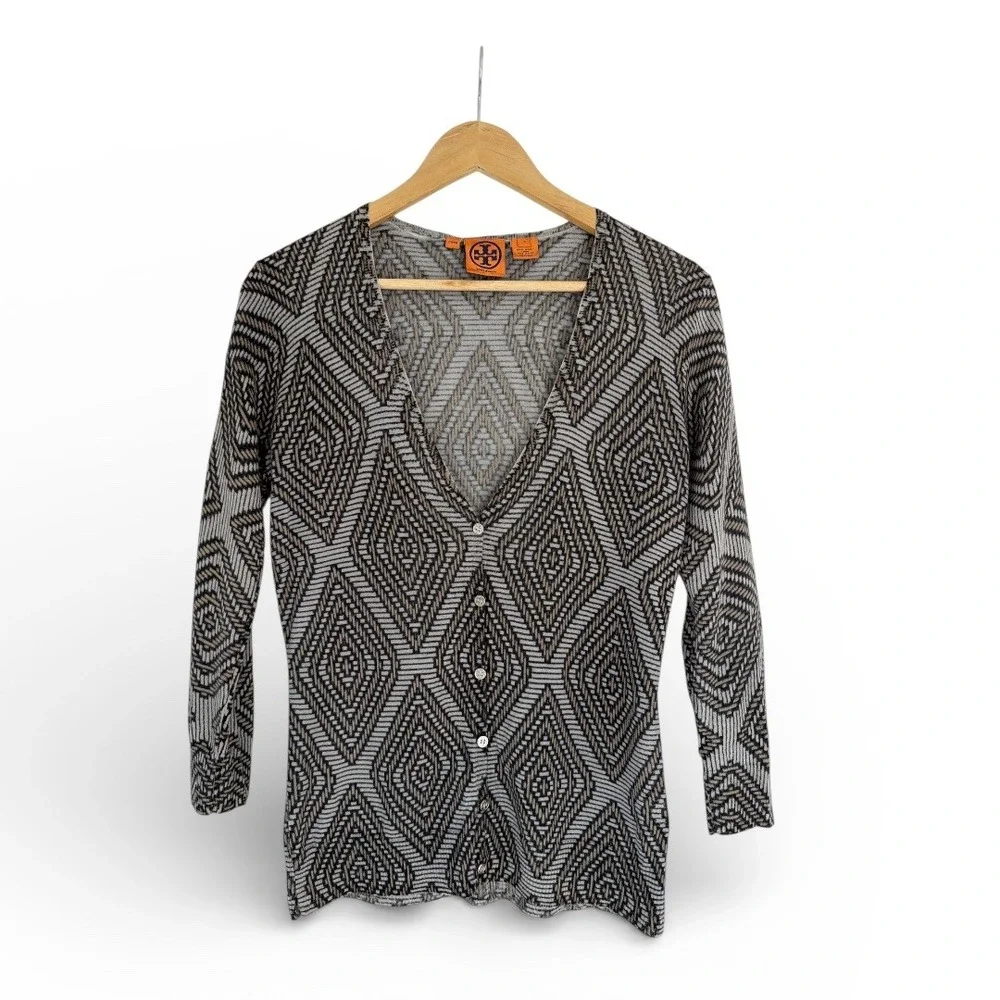 Tory Burch Wool Cardigan Small Gray‎ Tan Geometric Diamond Button Up Sweater